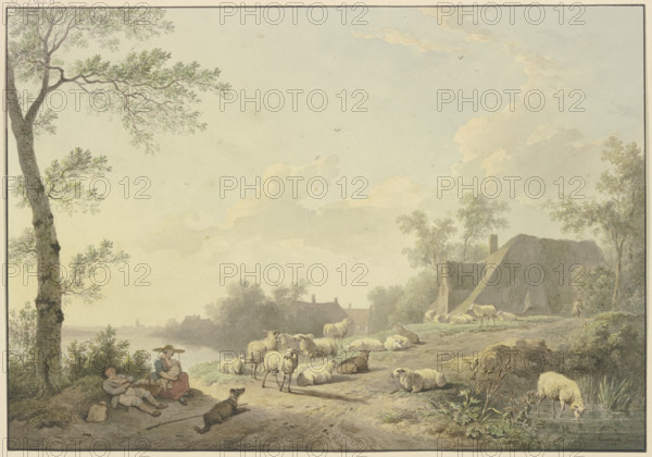 A flock of sheep by a path near farmhouses, 1803. Creator: Abraham Teerlink.