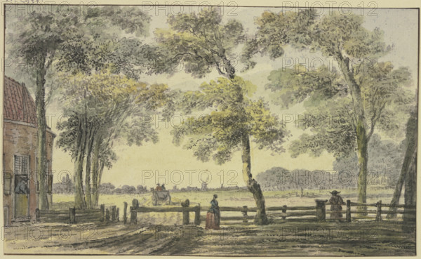 House under trees, a woman at the gate, a wagon departing outside the fenced property. Creator: Hendrik Spilman.