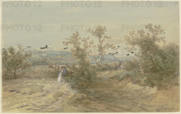 Strollers on a road through a shrub-covered plain, c1850-1905. Creator: Anton Burger.