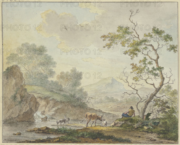 A shepherd with a cow and goats is by a waterfall. Creator: Johannes Christiaan Janson.
