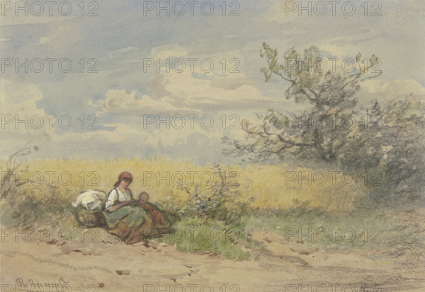 Farmer's wife with child resting in front of a ripe cornfield, c1840-1890s. Creator: Philipp Rumpf.