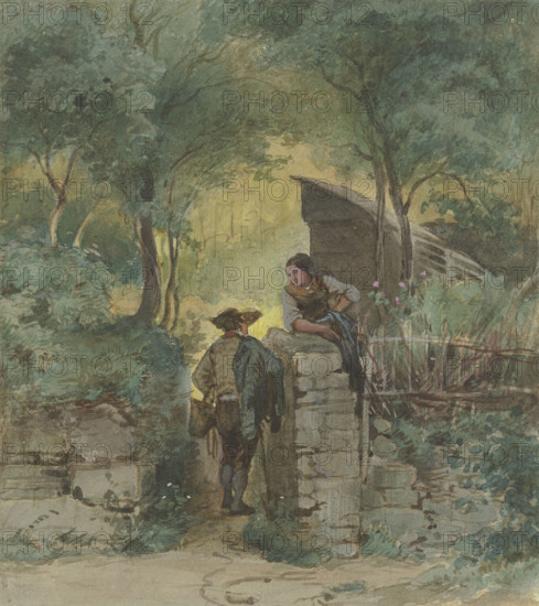 Conversation at the park gate, c1840-1890s. Creator: Philipp Rumpf.