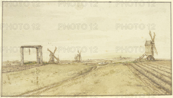 Flat landscape with windmills and gallows. Creator: Gillis Neyts.