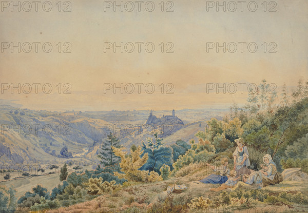 Mountainous landscape with a castle and river, a family resting in the foreground ,  c19th century. Creator: Unknown.