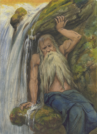 River god at a waterfall, late 19th century. Creator: Wilhelm Süs.