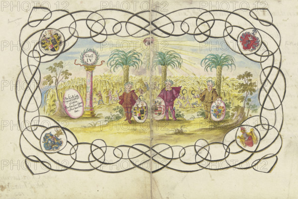 Three boys, holding sickles and coats of arms..., 1733. Creator: Johann Esaias Nilson.