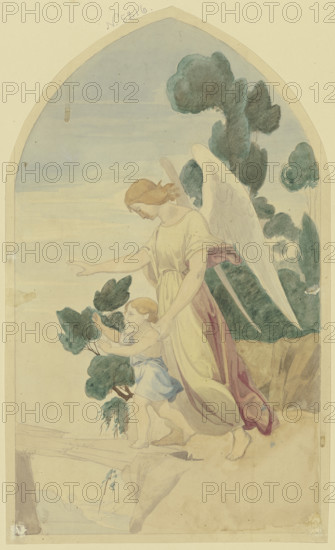 A guardian angel guides a child across a chasm, c1840. Creator: Jakob Jung.