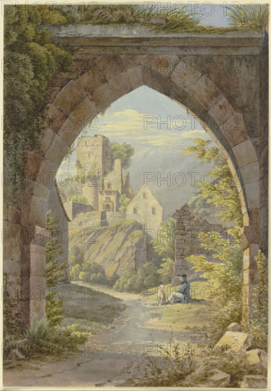 Gothic arch with a view of a castle, 19th century. Creator: Georg von Krieg.