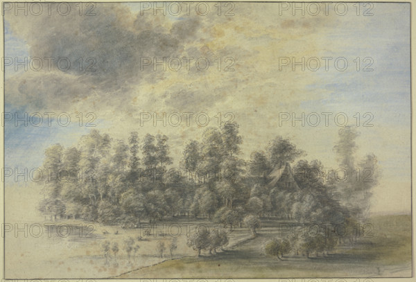 House standing in a group of trees, some cattle grazing by water to the left. Creator: Lucas van Uden.