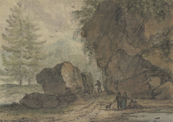 Large rock formation by a puddle. which depicts several standing and seated figures. Creator: Allart van Everdingen.