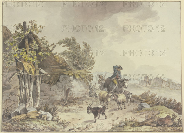 On the path next to a dilapidated thatched hut, a mounted shepherd and a peasant woman..., 1773. Creator: John Webber.