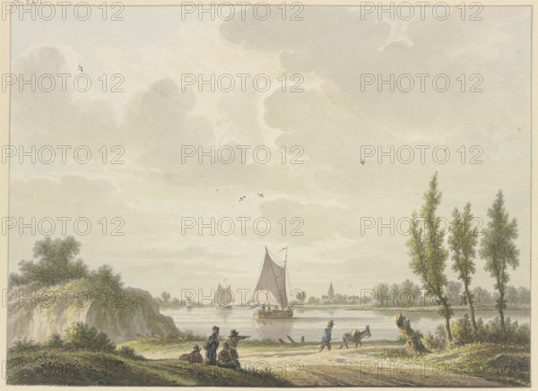 Three barges sail on a river, a man with a donkey in the foreground, four figures further to the... Creator: Nicolaas Wicart.