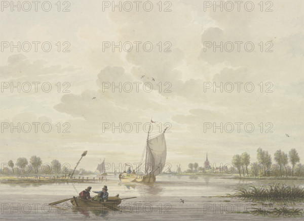 Several barges sail on a river, a rowboat in the foreground. Creator: Nicolaas Wicart.