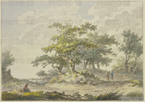 Groups of oak trees, two hikers on the right, a seated figure on the left. Creator: Hermanus van Brussel.