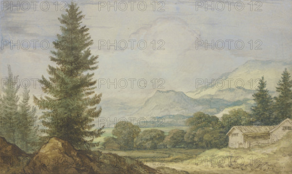 Mountain landscape, tall fir trees on the left, two huts on the right. Creator: Allart van Everdingen.