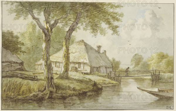 A house by the water, a jetty, the prow of a boat to the right, between two trees. Creator: Jan Hulswit.