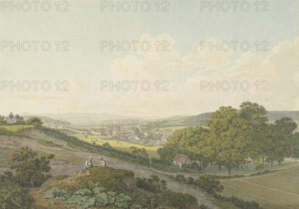 View from a hilltop of the village of St. Jakob near Basel with its pointed church steeple, 1803. Creator: Marquand Fidel Dominikus Wocher.