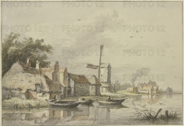 Village with a windmill by the water. Creator: Jan Hulswit.