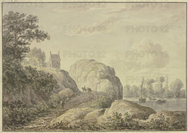 Rocky bank of a river, a chapel in the upper left.. Creator: Hendrik Tavenier.