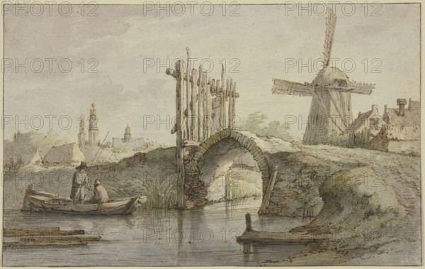 Gated pointed-arch canal bridge, a windmill on the right, two anglers in a boat on the left. Creator: Anthonie van Borssom.
