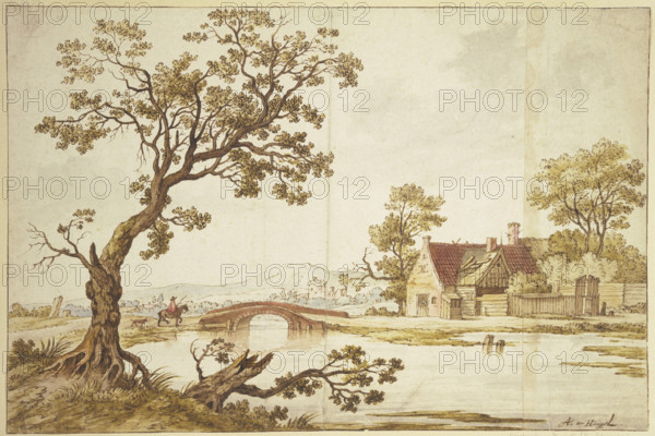 Farm by a stone bridge, over which a rider in a red cloak accompanied by a dog is about to ride. Creator: Aarnout ter Himpel.