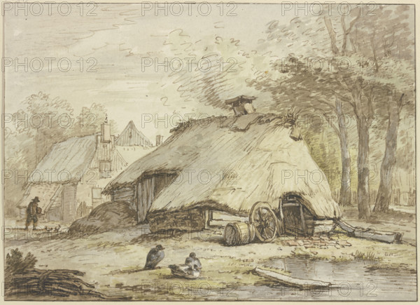 Three huts under trees, three ducks sitting in the foreground. Creator: Anthonie van Borssom.