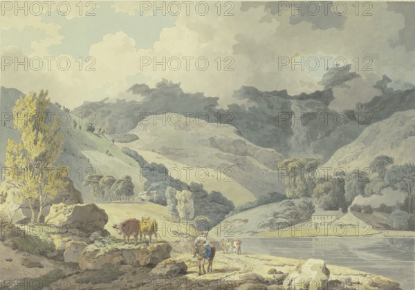 Mountain landscape, a girl on horseback on the path, two cows on the left, 1784. Creator: Francis Wheatley.