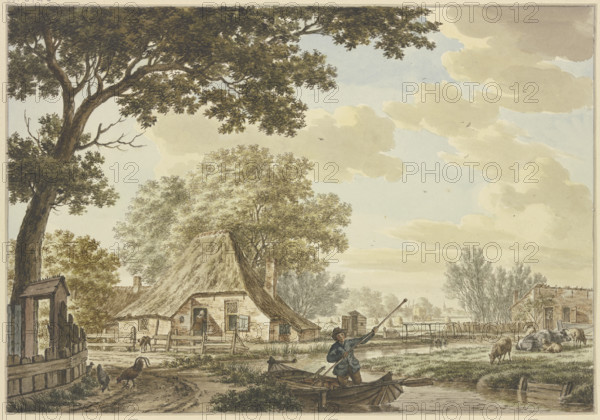 Narrow canal near a village, a man in a boat, cattle on the right, chickens on the left.. Creator: Jacob Cats.