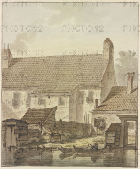 Row of houses by the water, two boats with a fisherman in front. Creator: Johannes H. Knoop.
