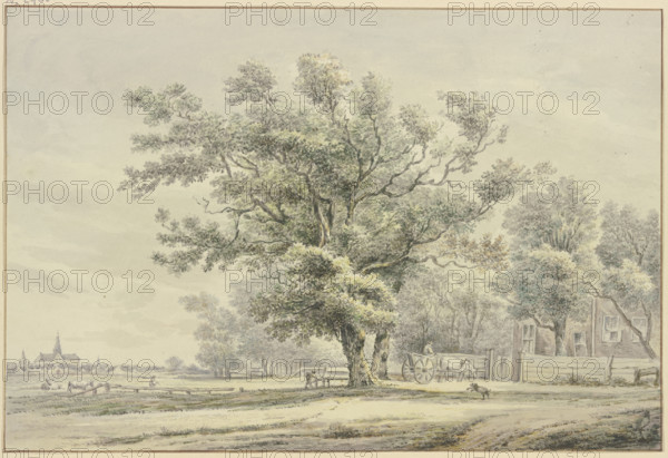 House with a wagon under trees, a meadow with cattle and a village to the left. Creator: Hendrik Spilman.