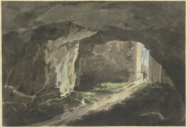 A painter walks with his drawing board into a rock cave that can be closed off by a massive gate. Creator: Jean Grandjean.
