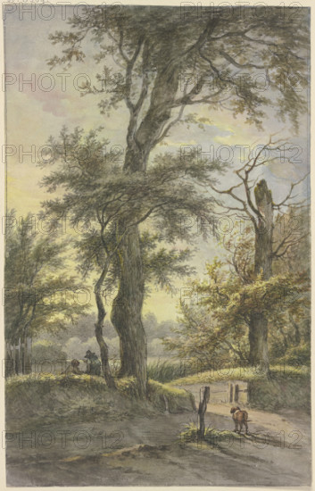 Oak tree, with two men on a path beneath it, a dog by a post, in the light of the evening sun. Creator: Jan Hulswit.