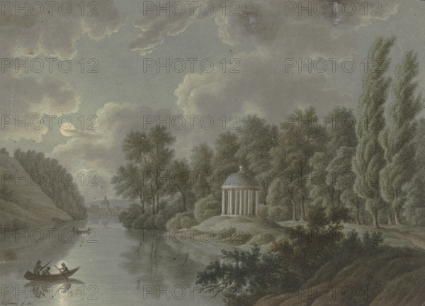 River area with a monopteros in the moonlight, 1811. Creator: T. Lamey.