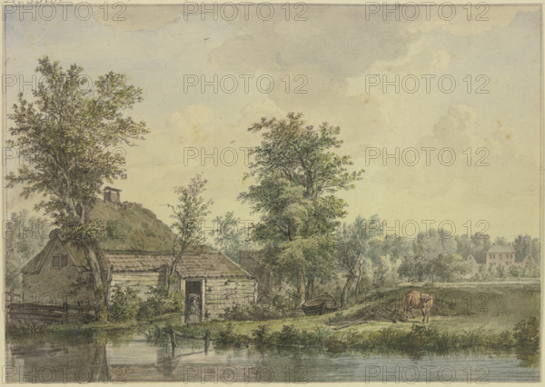 Farmhouse by the water, a cow by a wheelbarrow. Creator: Jacobus van Liender.