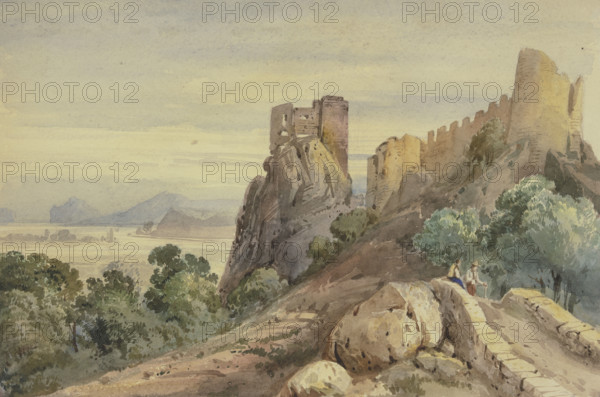 Castle ruins, in the foreground two men on a bridge. Creator: Jean Joseph Bonaventure Laurens.