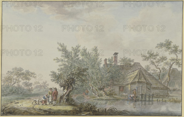 Farmstead by a body of water, a farming couple with a child and a dog by a pasture on the left. Creator: Johann Jakob Koller.