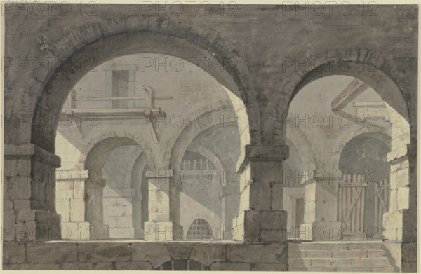 View into the side chapel of a Gothic church, illuminated in the evening; In the..., c1775-1779. Creator: Georg Melchior Kraus.