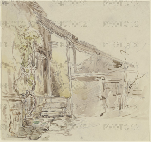 House corner with a grapevine and four steps, c1850-1905. Creator: Anton Burger.