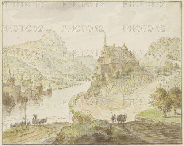 River between mountains, a monastery on a rock to the right. Creator: Cornelis Verdonck.
