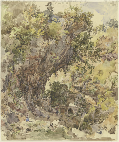 Mountain landscape with a bridge and many figures, a magnificent rock formation..., c1841-47. Creator: Johann Nepomuk Rauch.