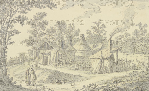 Village landscape in front of a blacksmith's shop, c1760. Creator: Johann Georg Wille.
