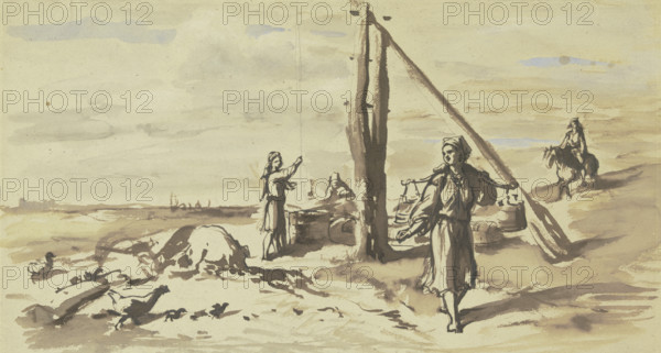 Drawing water from a well in landscape, late 19th century.  Creator: Wilhelm Amandus Beer.