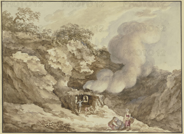 Mountain landscape, a kiln in the centre from which a plume of smoke rises, late 18th century. Creator: Karl Kuntz.