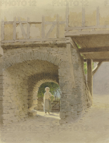 Doorway in Eppstein, through which a young woman walks, 1883. Creator: Carl Theodor Reiffenstein.