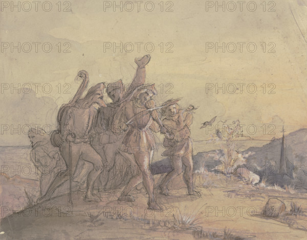 A group of musicians wanders through a landscape, mid-19th century. Creator: Victor Muller.