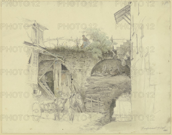 A cart stops at the city wall; above, a girl waters her flowers, 1840. Creator: Jakob Dielmann.
