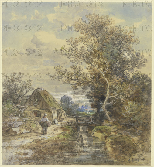 Tree and farmhouse by a stream with a woman, 1886. Creator: Anton Burger.