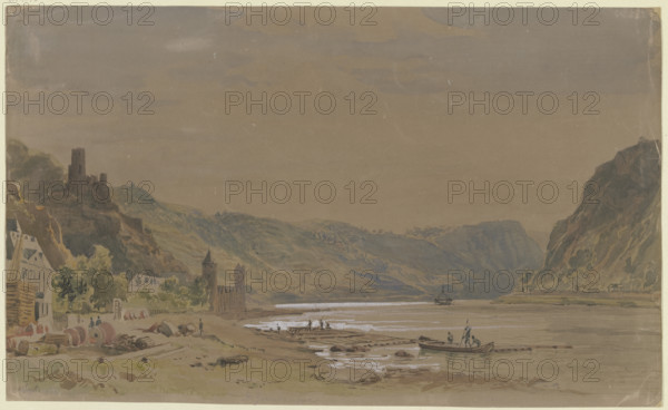 View of Sankt Goarshausen with Maus Castle, the Lorelei Rock in the background, 1853. Creator: Carl Morgenstern.