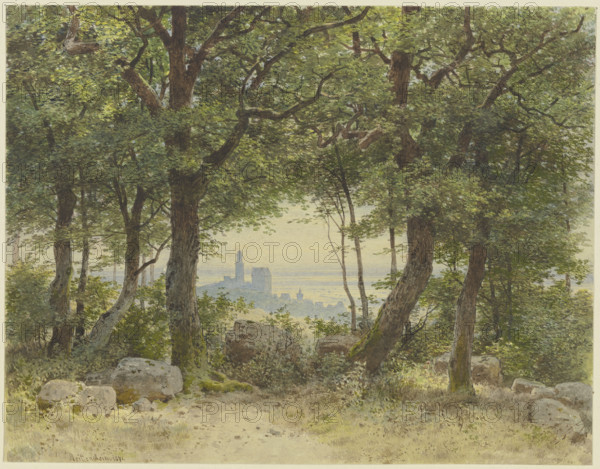View of Kronberg with a wide view into the distance, seen from the edge of the Falkenstein..., 1871. Creator: Carl Theodor Reiffenstein.