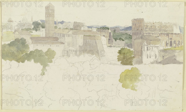View over Rome with the Colosseum on the right, mountains in the distance, 1817. Creator: Carl Philipp Fohr.